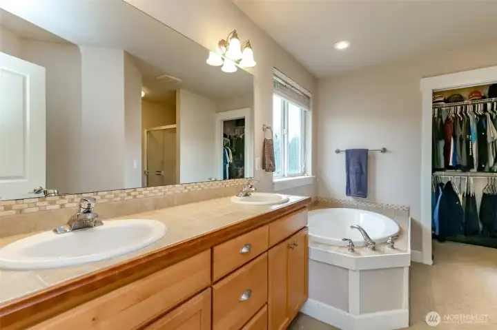 Primary suite bathroom with privacy room for shower and commode. Roomy walk-in closet completes this suite!