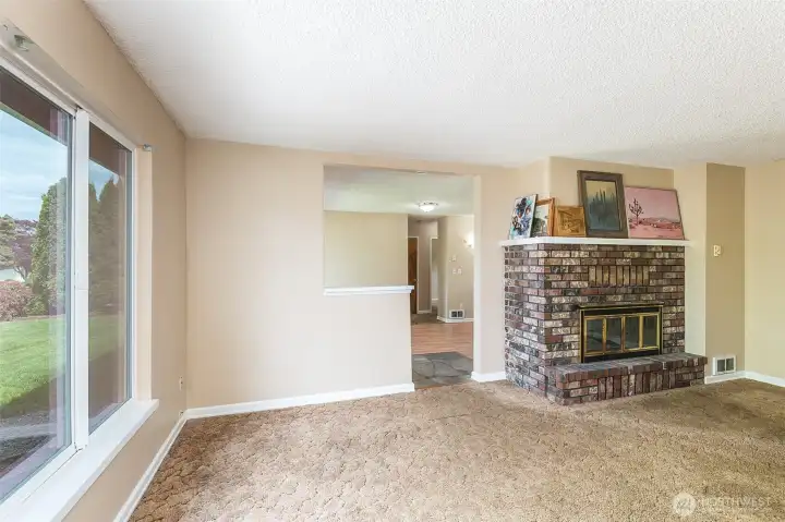 Double sided fireplace in living room