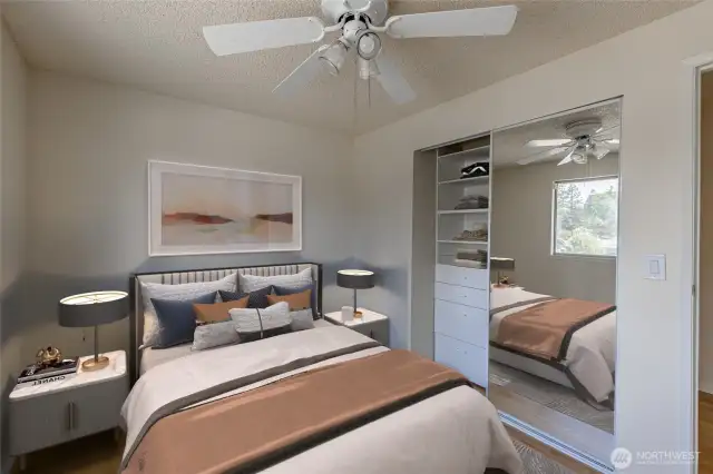 Built in closet storage in bedroom. Virtually staged.