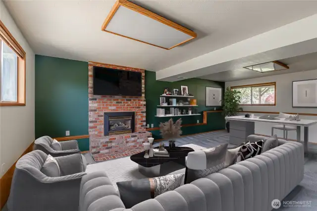 The lower level includes a large family room with a floor-to-ceiling fireplace. Virtually staged.