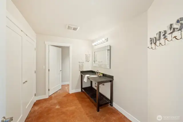 Lower level bathroom with 2nd washer/dryer.