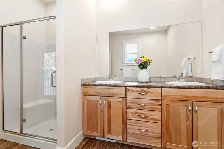 Primary bath with double sinks & extra large shower