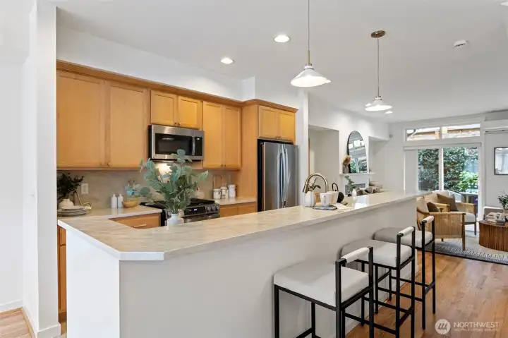 This grand bar can seat up to 4 people and makes for a perfect gathering spot.