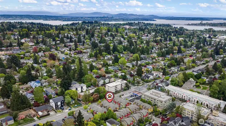 Drone shot looking southeast toward Bellevue, Lake Washington and the 520 bridge.