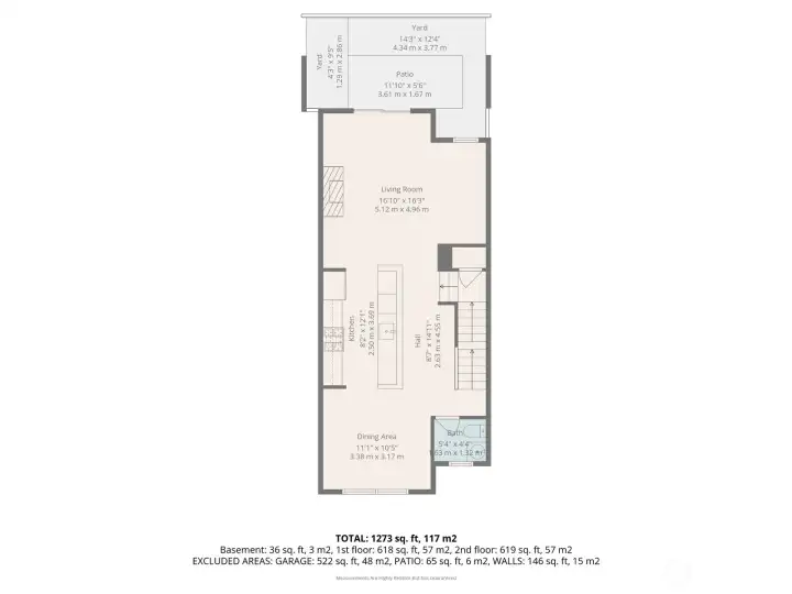 Floorplan main floor:  Living Room – Kitchen – Dining Room and Patio