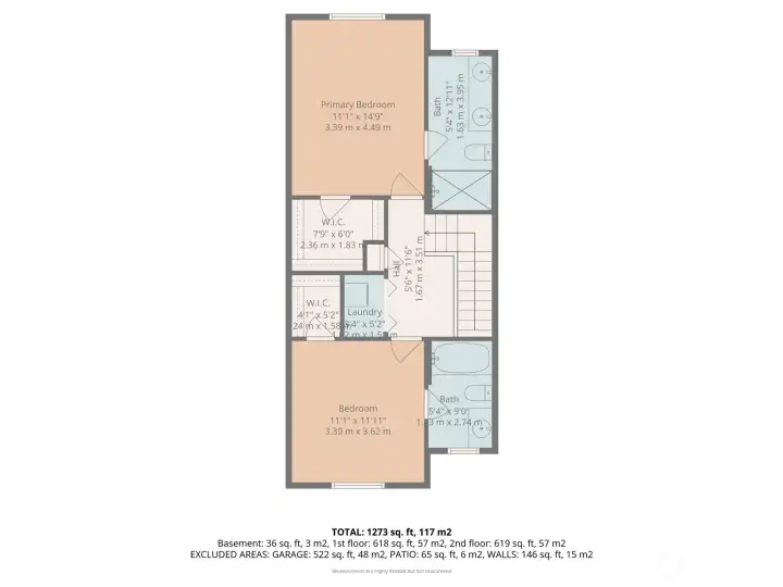 Floorplan Upper level:  2 primary suites and landing containing laundry and satellite office area.