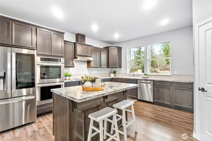 All stainless appliances, double oven and an induction stove top.