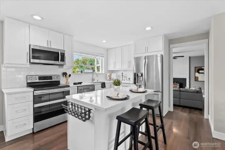 Updated kitchen with bar seating.