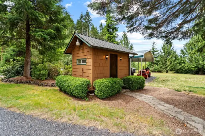 Additional outbuilding contains water filtration system, also has room for hobbies or storage. The 2 Car RV carport is just on the other side.
