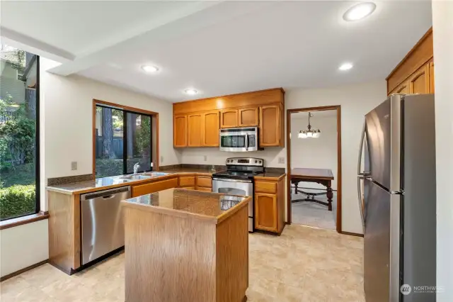 Granite counters and island in