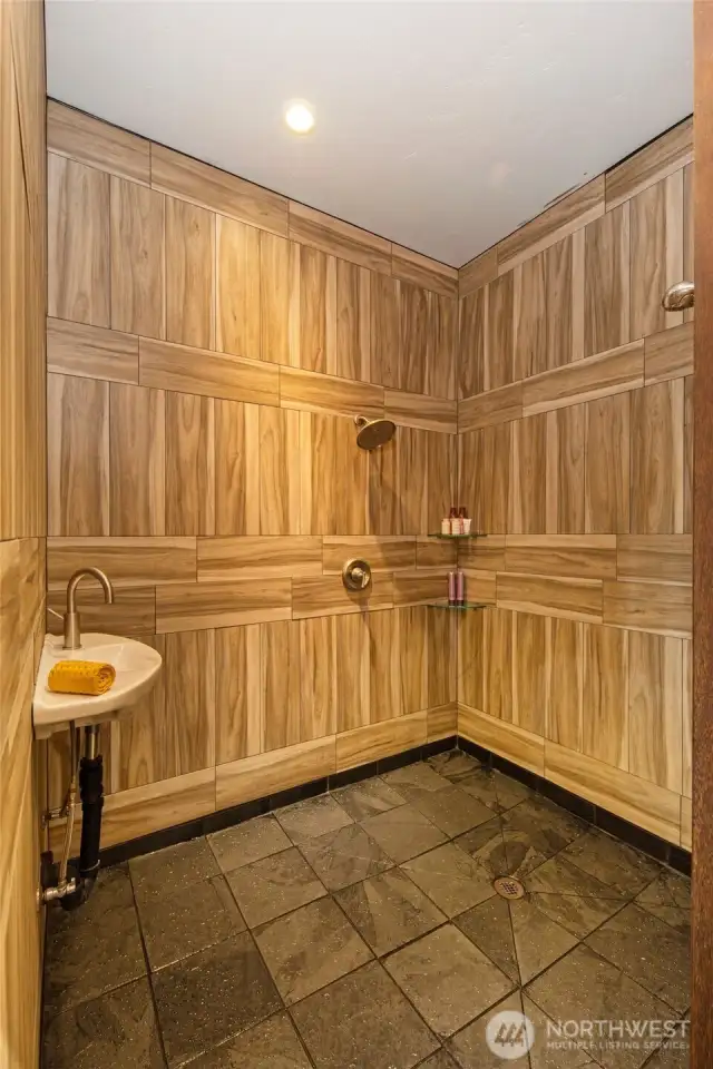 Primary shower with slate floor
