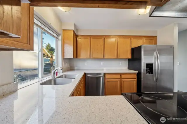 Looking into kitchen from dining.