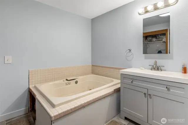 Jetted Tub and updated vanity, lighting, toilet and floors.