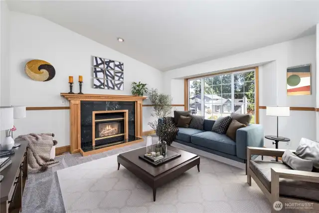 Virtually staged bright inviting living room.