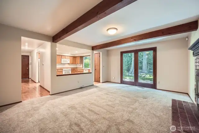 Casual family room with fireplace.