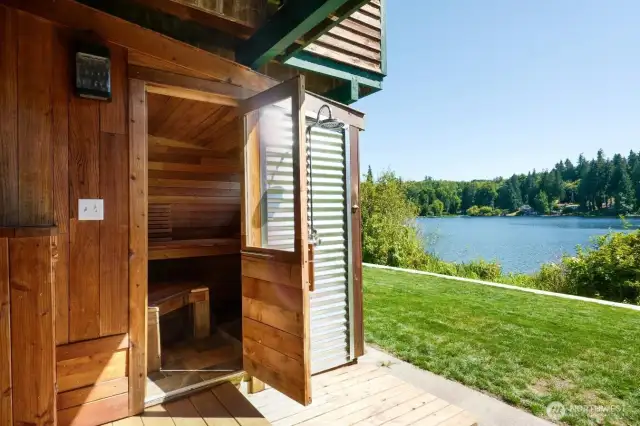 Exterior shower and newly installed sauna.