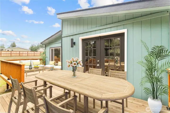 Huge deck that offers two entertaining areas. Savor a beverage and enjoy the views of the green belt right at your backyard.