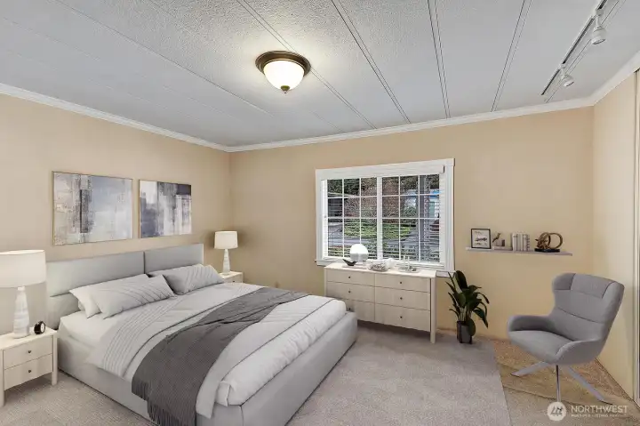 Generous sizes Primary ensuite is the full length of the north end of this home. Room for a king bed plus additional furniture. Double door closet with shelves and space for all his and her clothes, shoes etc.