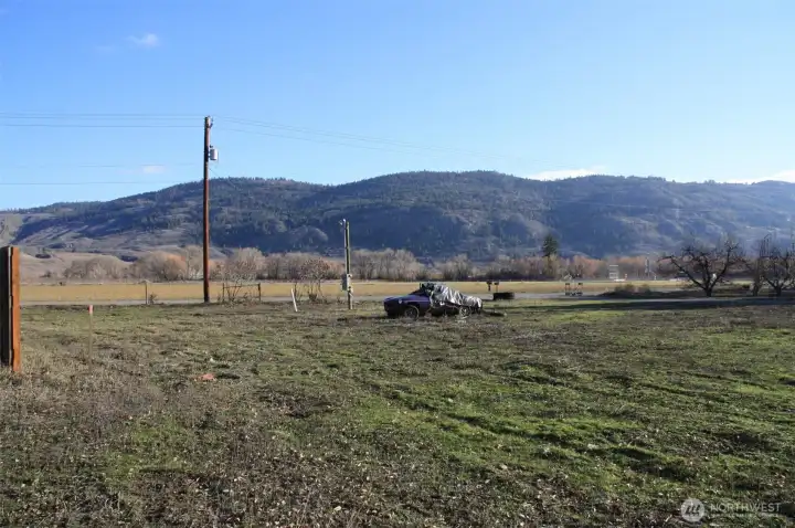 Facing east, ball field slightly in view to the right across Chesaw road.