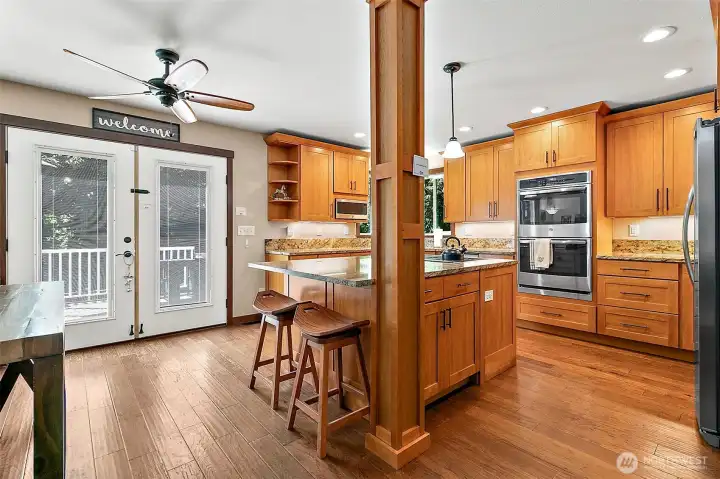 Granite counter tops and kitchen island.