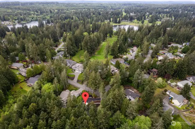 Aerial of golf course community.