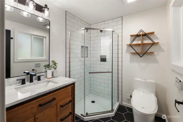 Primary newly renovated bathroom with standing shower