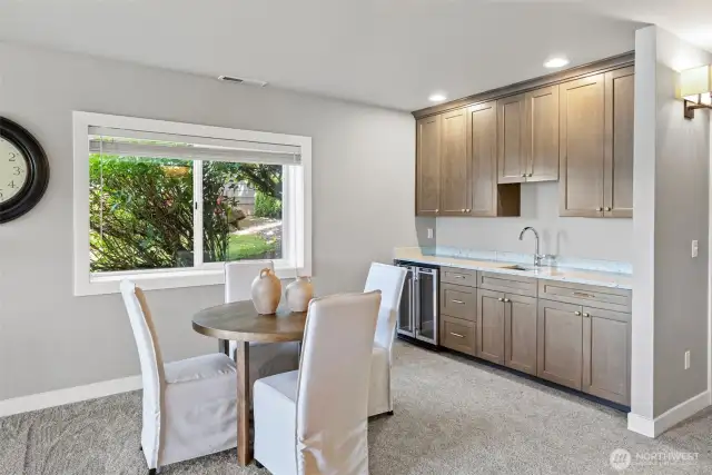 A wet bar and wine cooler make entertaining a breeze