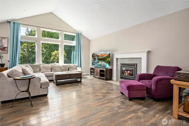 Vaulted ceilings, view windows & wood fireplace
