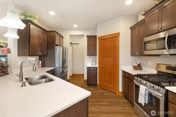Modern kitchen featuring stainless steel appliances, quartz countertops, rich wood cabinetry, and a walk-in pantry.