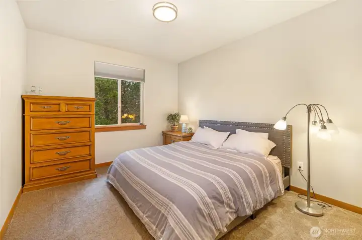 Comfortable guest bedroom featuring soft carpet, natural light, and peaceful views of the property’s evergreens.