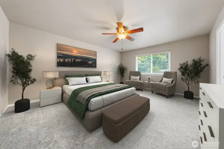 Supersized primary bedroom through French doors