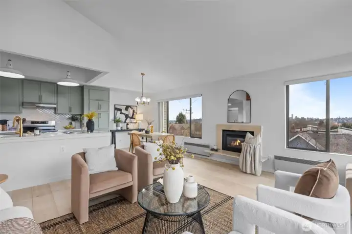 Expansive living space with a limestone gas fireplace.