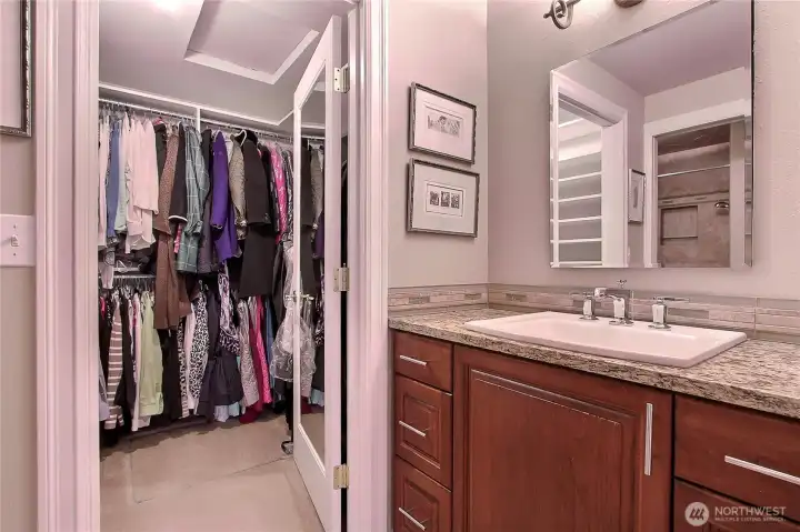 Spacious walk-in closet in the primary bathroom. Beautiful updated fixtures.