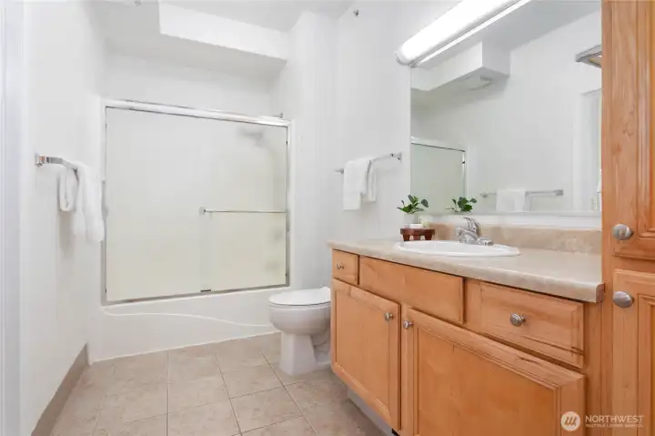 Full bathroom with tub, accessed from both the bedroom and the main living area