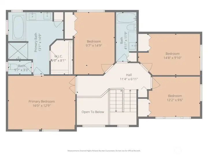 Upper-level floor plan showing primary bedroom with ensuite bath and walk-in closet, three additional bedrooms, full bath, hall, and open-to-below area.