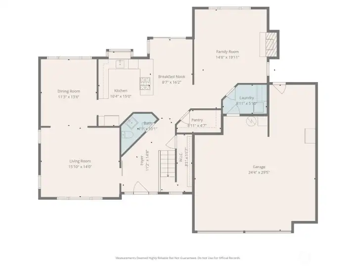 Main-level floor plan showing living room, dining room, kitchen, breakfast nook, family room, laundry area, pantry, half bath, foyer, walk-in closet, and oversized garage.