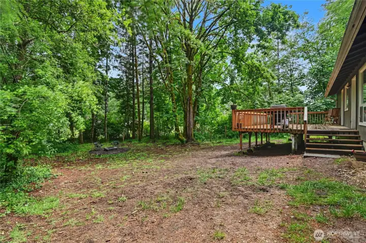 Oversized backyard has plenty of space for a garden.