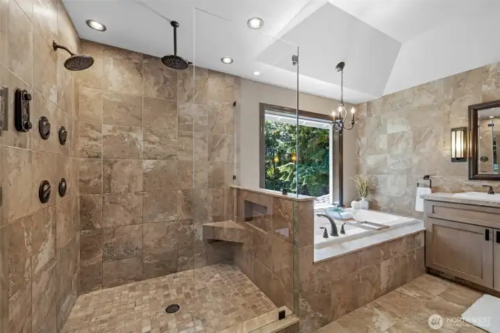 Custom spa bathroom suite off primary bedroom. Custom spa bathroom suite off primary bedroom.