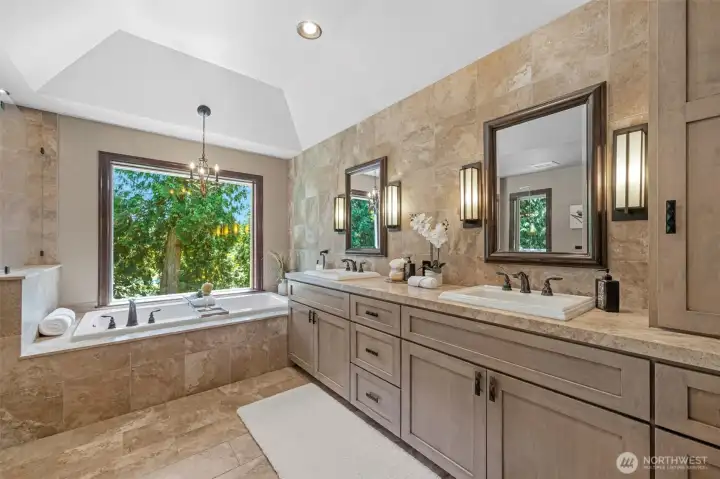 Spa-like bathroom includes heated floors. Spa-like bathroom includes heated floors.