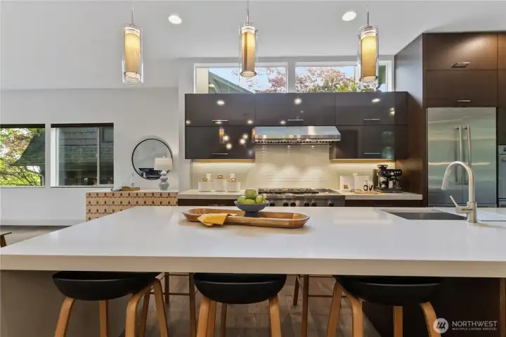 Waterfall island with quartz countertops