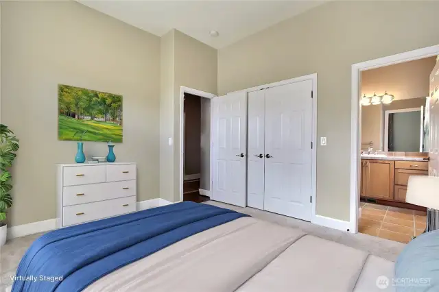 Front junior primary suite bedroom. Nice double closet, tall ceilings throughout this home as well. Perfect for guests or multi-generational living! ***Virtually Staged***