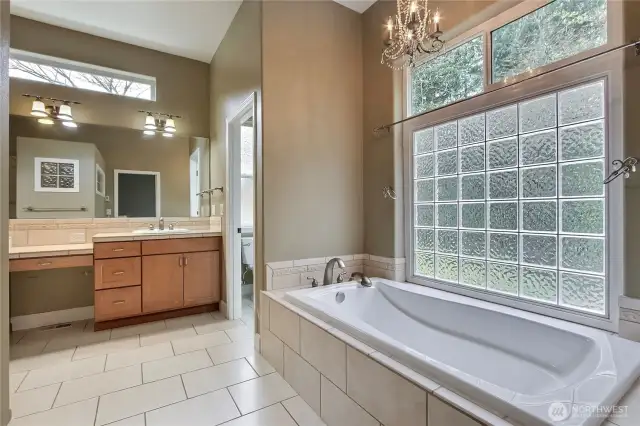Primary ensuite bath, soaking tub, separate water closet/toilet room, true 5-piece bath, love the glass block for light with privacy!