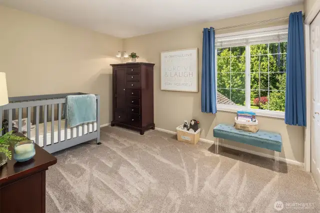 First of three additional spacious bedrooms upstairs looks to the beautiful, private backyard.