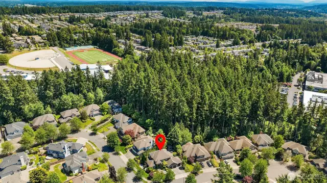 Aerial view shows the proximity to junior high school and elementary school. Lovely trees behind home adds a sense of privacy throughout the neighborhood.