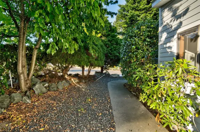 Private entry with mature fruit trees