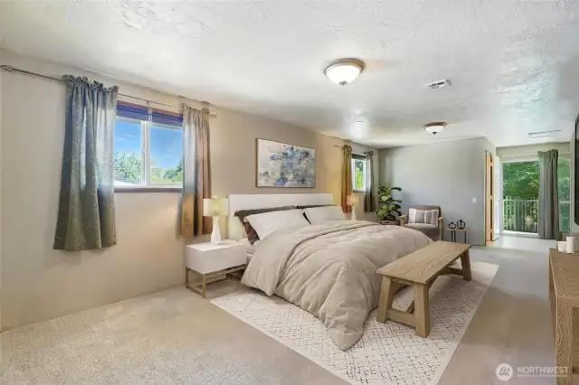 Primary Suite with Balcony Overlooking the Pool. Virtually Staged.