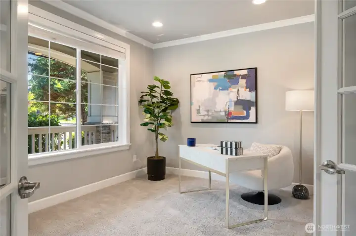 Guest bedroom or home office on main, with glass pane French doors and adjacent 3/4 bathroom with shower.
