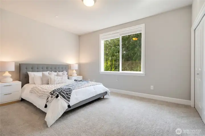 Generous sized bedroom with backyard views.