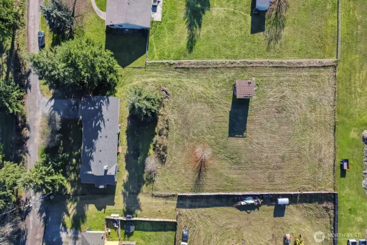 Aerial view of the home and land.