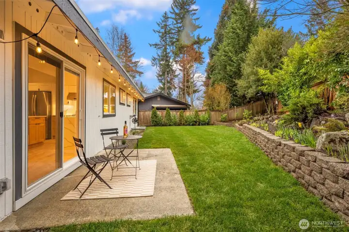 Updated backyard: Pressure cleaning on the retaining wall, new sod, new plantings, new fence.